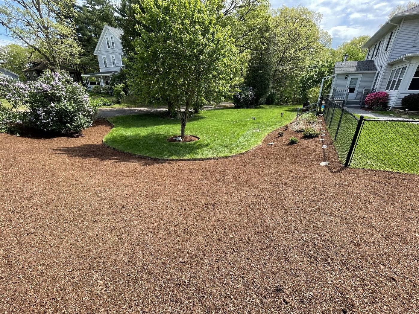Freshly mulched bed with a hand-cut curved edge